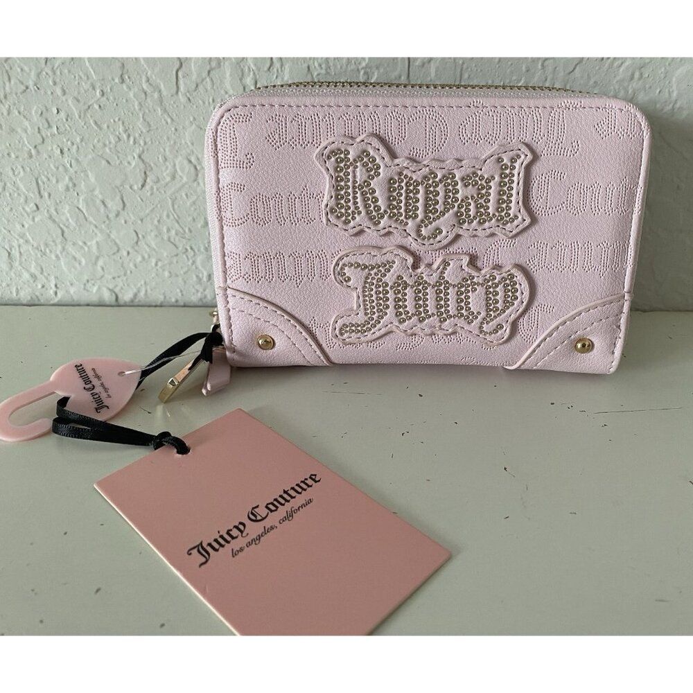 JUICY COUTURE Medium Wallet Royal Juicy Double Zip Around Pink with Studs NEW